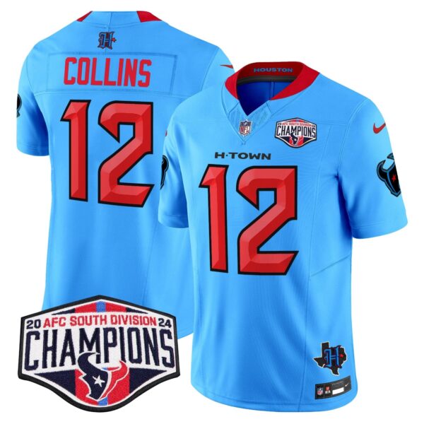 Houston Texans 2024 AFC South Division Champions Patch Vapor Limited Jersey – All Stitched – Blue. – Nico Collins Jersey
