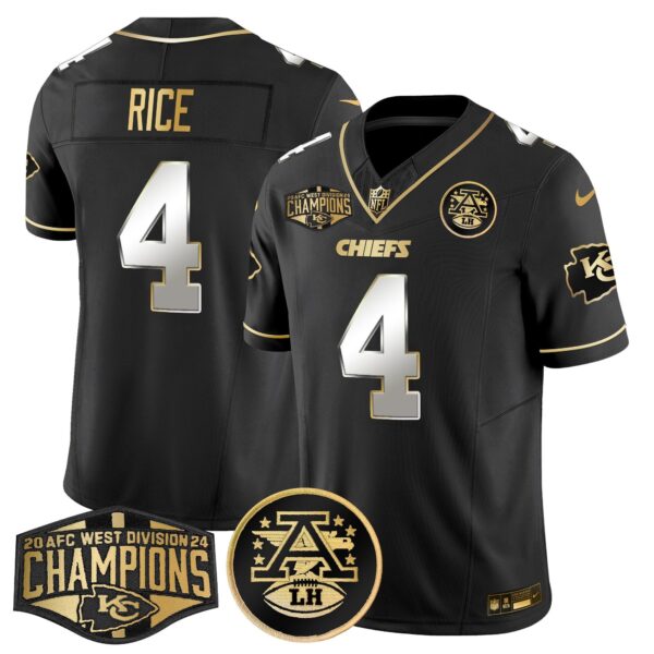 Chiefs 2024 AFC West Division Champions Patch Gold Vapor Limited Jersey – All Stitched – Black Limited – Rashee Rice Jersey