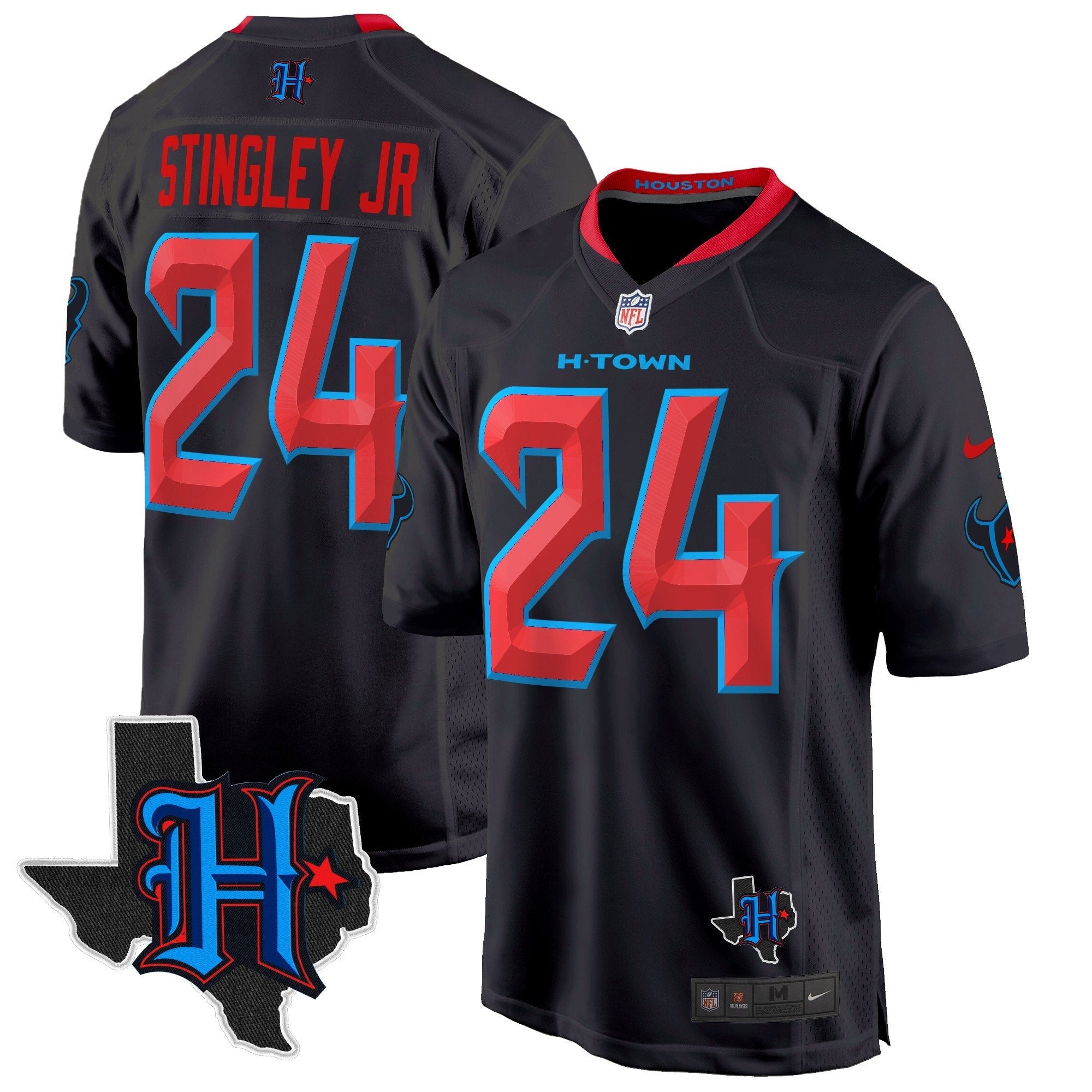 Houston Texans 2024 Texas Patch Game Jersey – All Stitched – Navy Limited – Derek Stingley Jr. Jersey