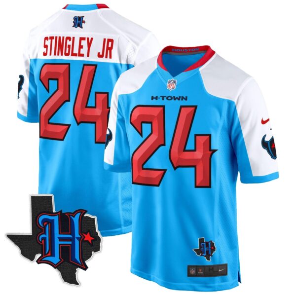 Houston Texans 2024 Texas Patch Game Jersey – All Stitched – Blue Alternate – Derek Stingley Jr. Jersey