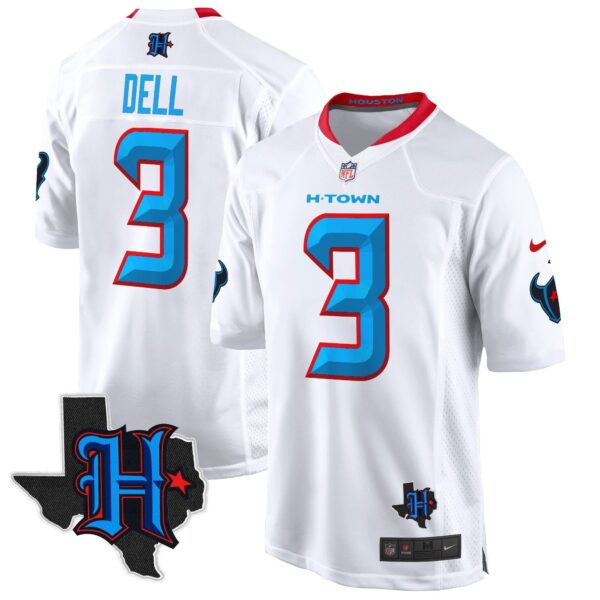 Houston Texans 2024 Texas Patch Game Jersey – All Stitched – White – Tank Dell Jersey