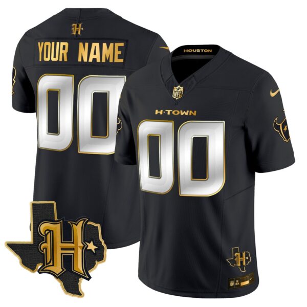 Houston Texans 2024 Texas Patch Gold Vapor Limited Custom Jersey – All Stitched – Black Limited Jersey
