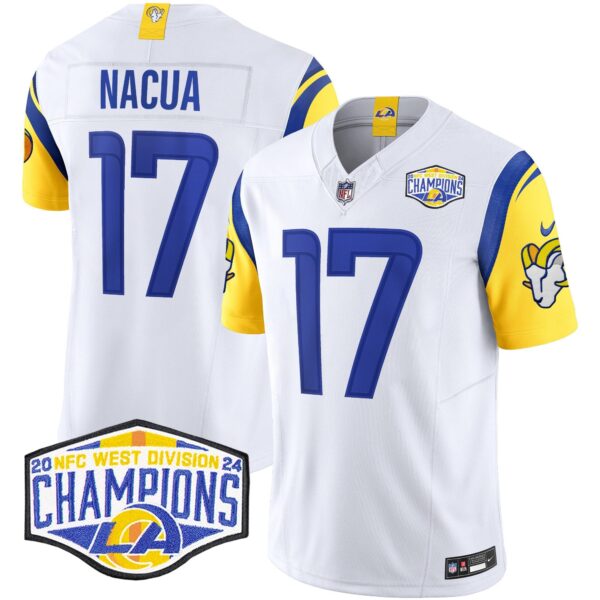 Los Angeles Rams 2024 NFC West Division Champions Vapor Limited Jersey – All Stitched – White – Puka Nacua Jersey