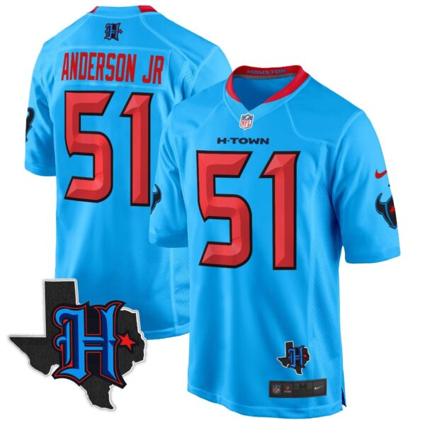 Houston Texans 2024 Texas Patch Game Jersey – All Stitched – Blue – Will Anderson Jr. Jersey