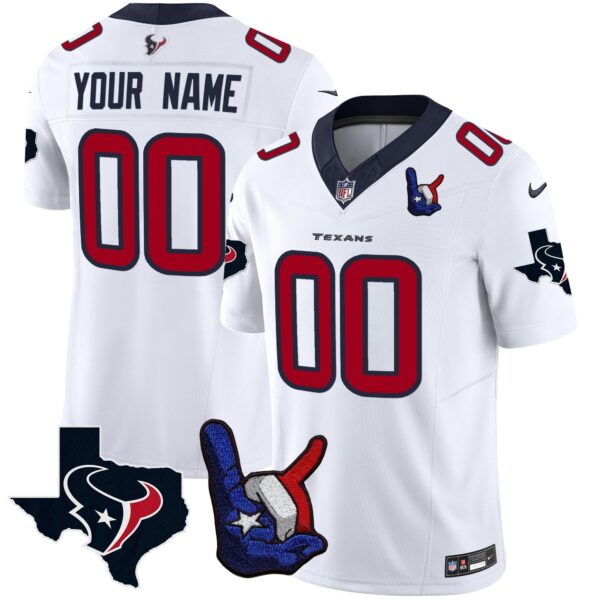 Houston Texans Hand Sign Throwing Up The H Vapor Custom Jersey – All Stitched – White Jersey