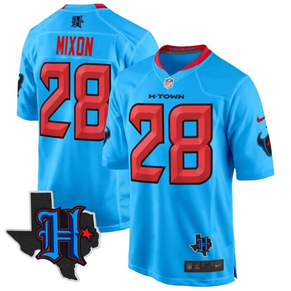 Houston Texans 2024 Texas Patch Game Jersey – All Stitched – Blue – Joe Mixon Jersey