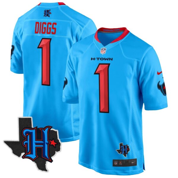 Houston Texans 2024 Texas Patch Game Jersey – All Stitched – Blue – Stefon Diggs Jersey