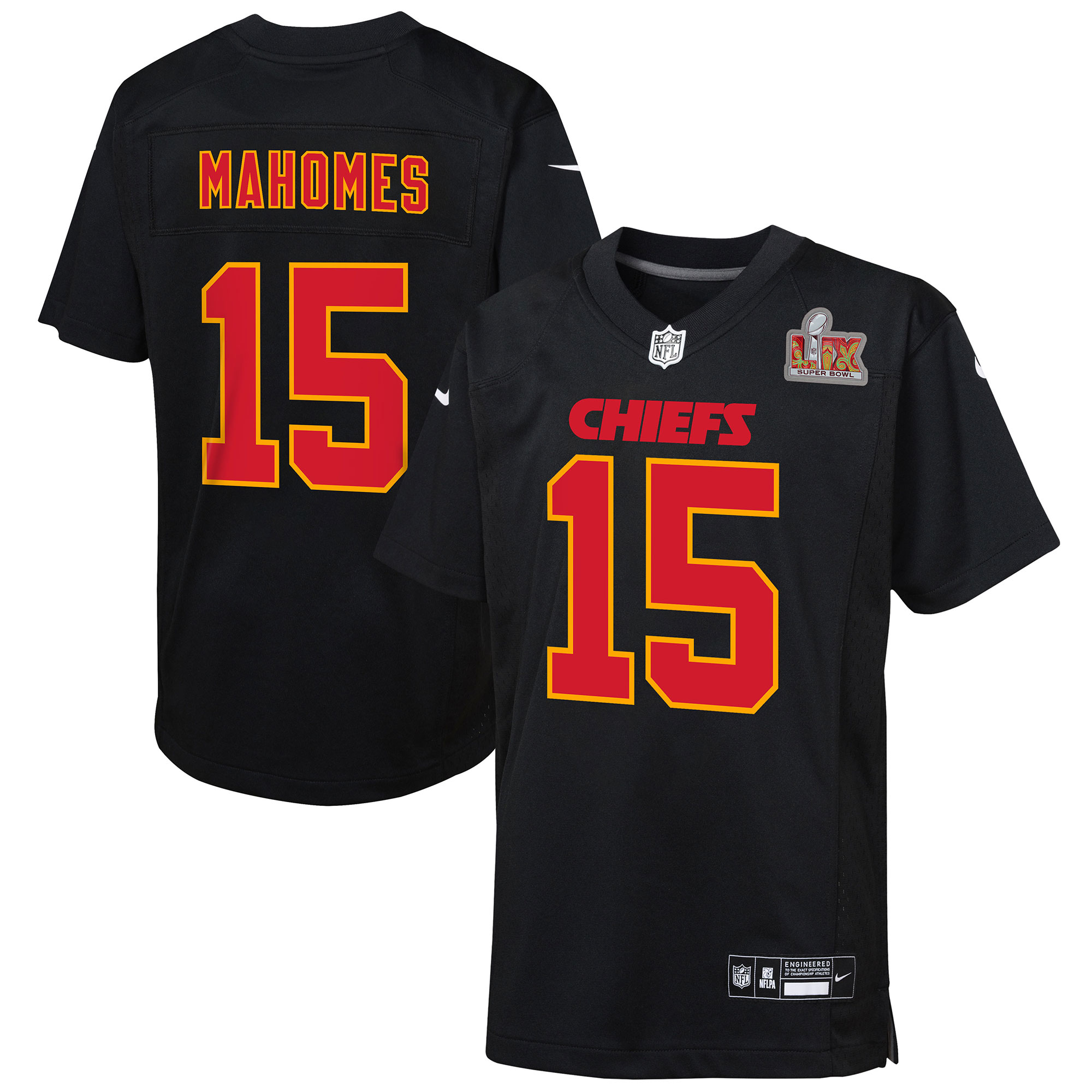Patrick Mahomes Kansas City Chiefs Nike Youth Super Bowl LIX Patch Fashion Game Jersey – Carbon Black