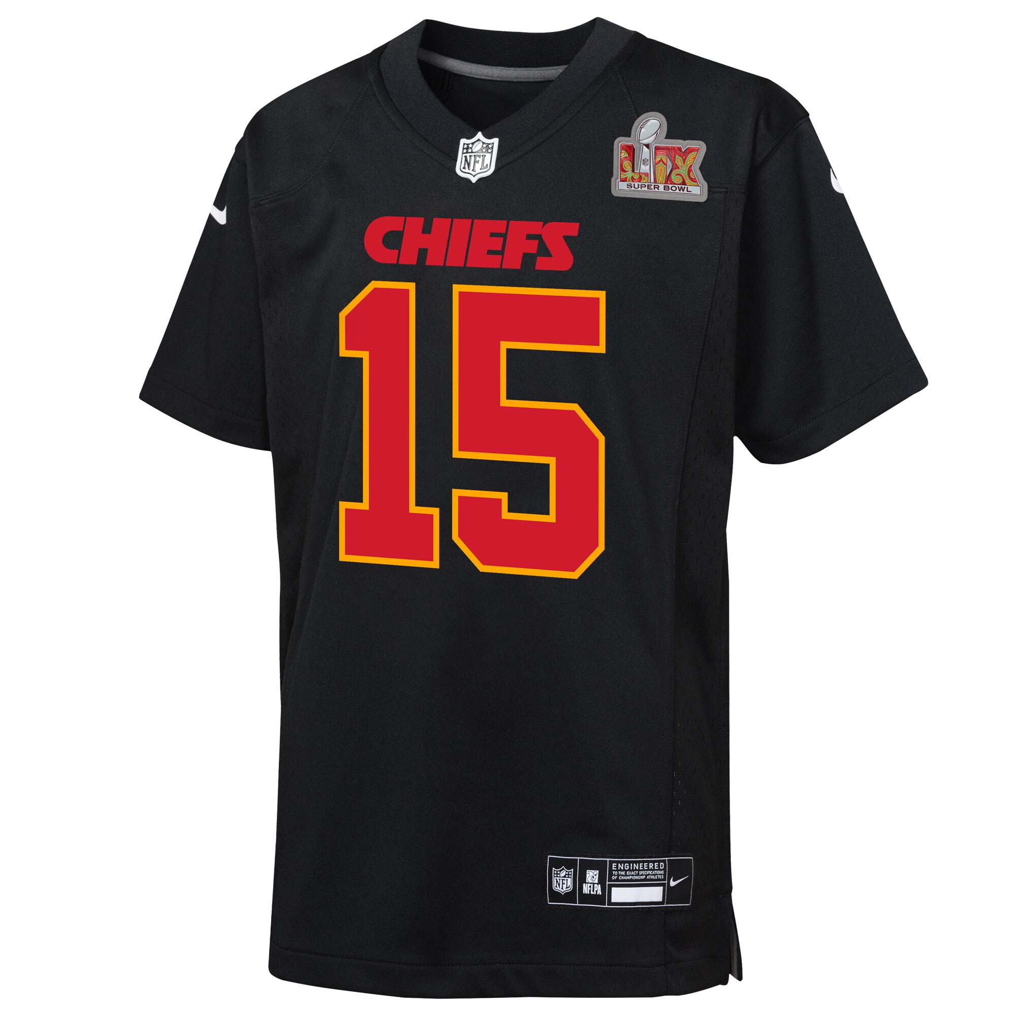 Patrick Mahomes Kansas City Chiefs Nike Youth Super Bowl LIX Patch Fashion Game Jersey – Carbon Black - Image 2