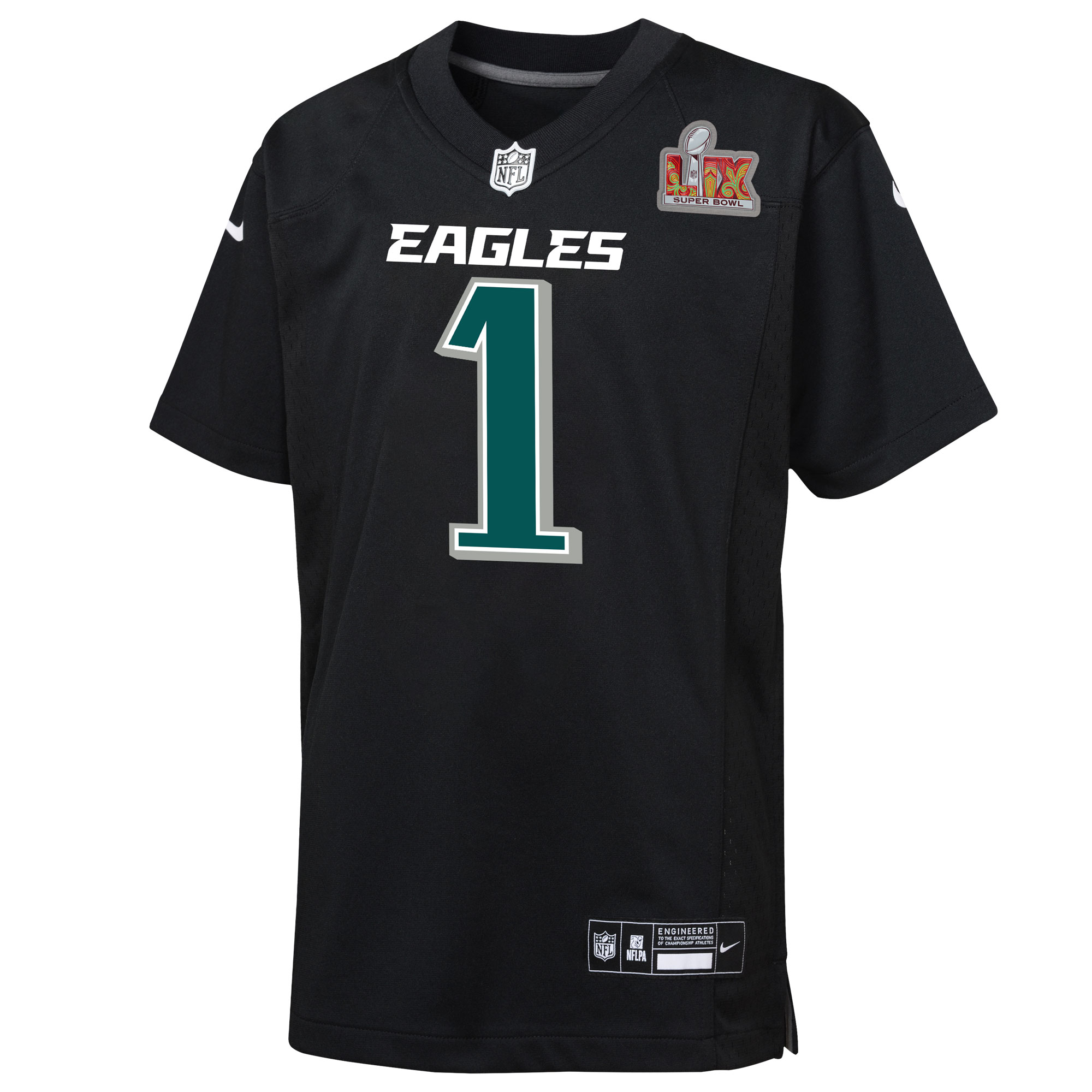 Jalen Hurts Philadelphia Eagles Nike Youth Super Bowl LIX Patch Fashion Game Player Jersey – Carbon Black