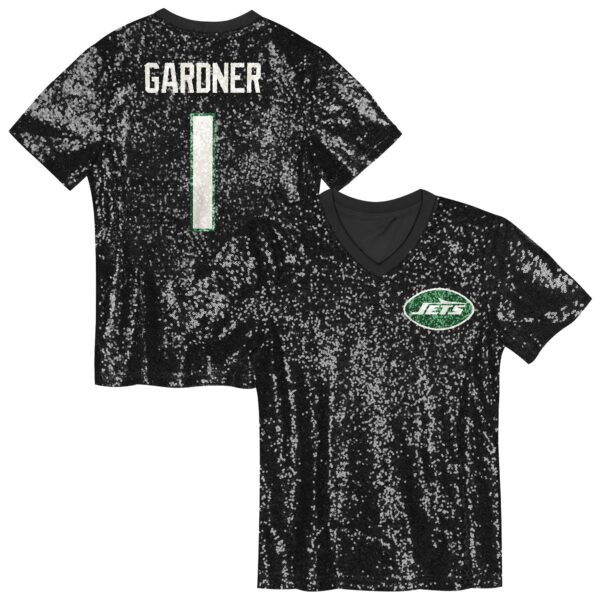 Sauce Gardner New York Jets Girls Youth Sequin V-Neck Fashion Jersey – Black