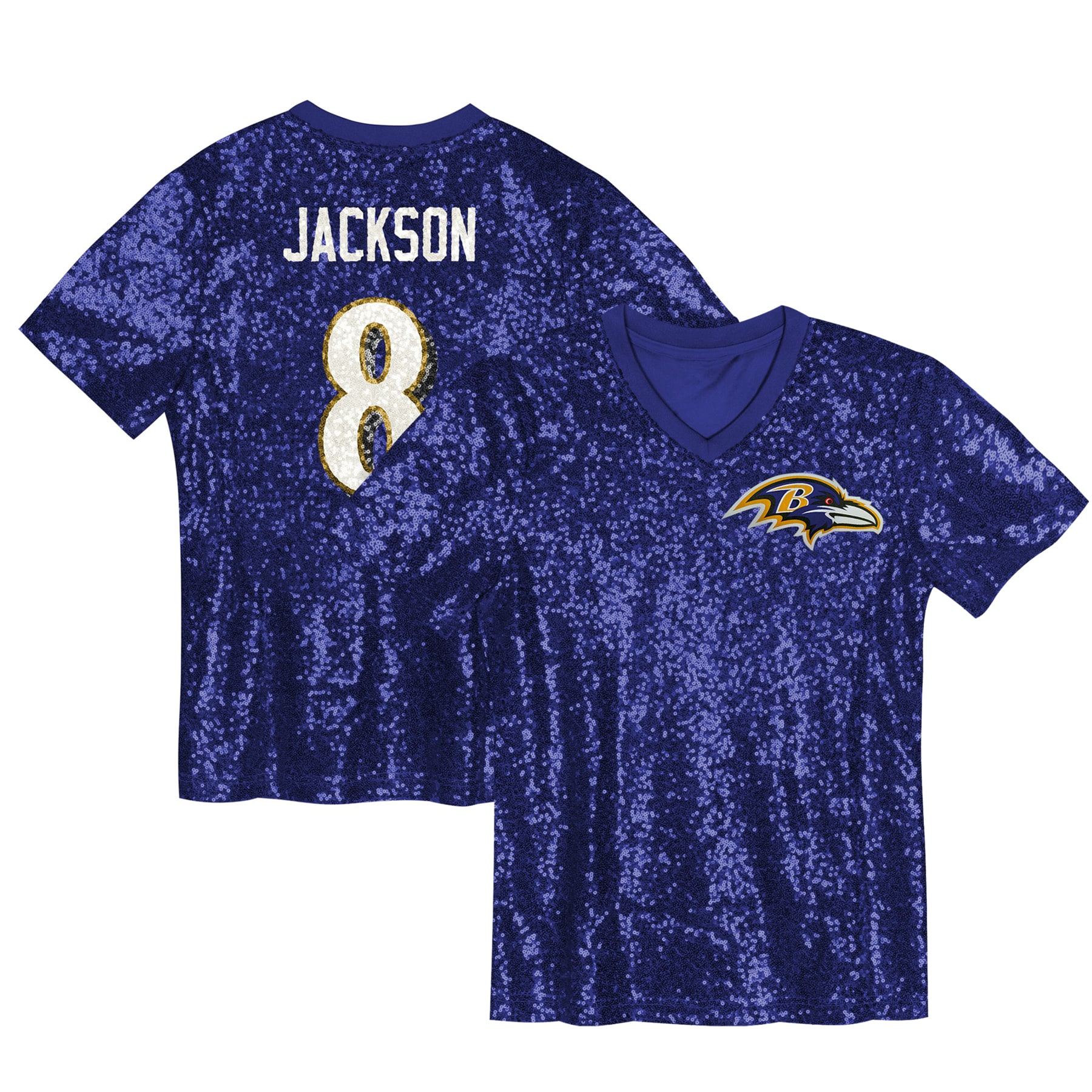 Lamar Jackson Baltimore Ravens Girls Youth Sequin V-Neck Fashion Jersey – Purple