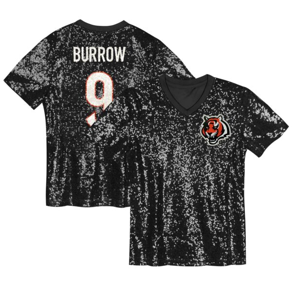 Joe Burrow Cincinnati Bengals Girls Youth Sequin V-Neck Fashion Jersey – Black