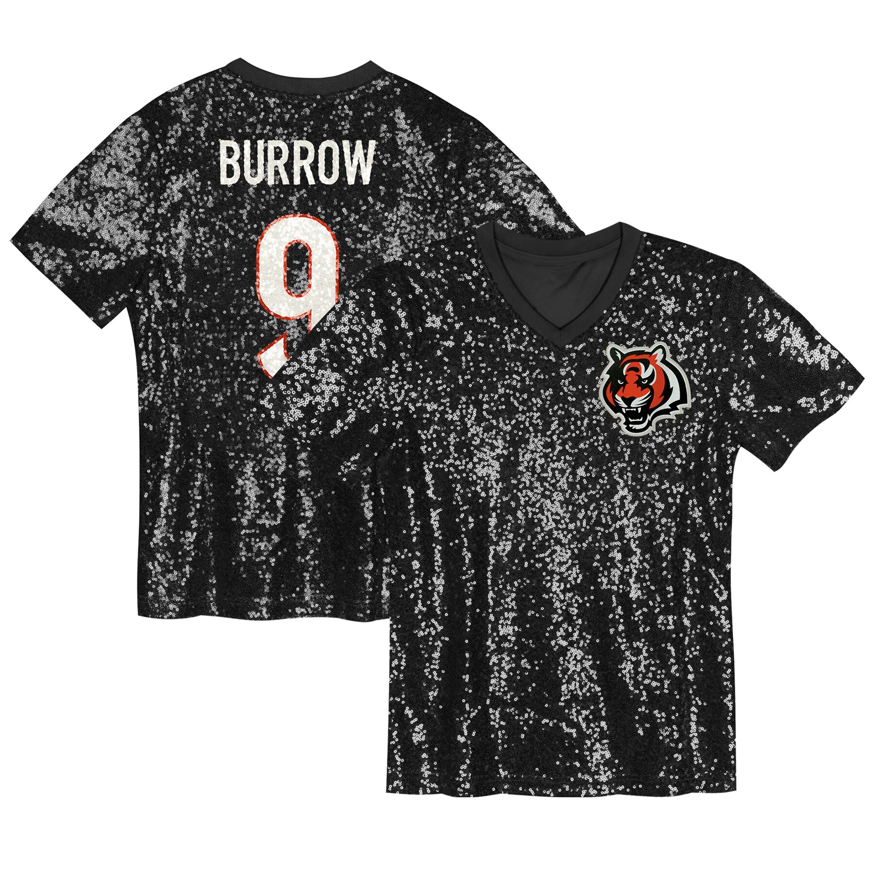 Joe Burrow Cincinnati Bengals Girls Youth Sequin V-Neck Fashion Jersey – Black