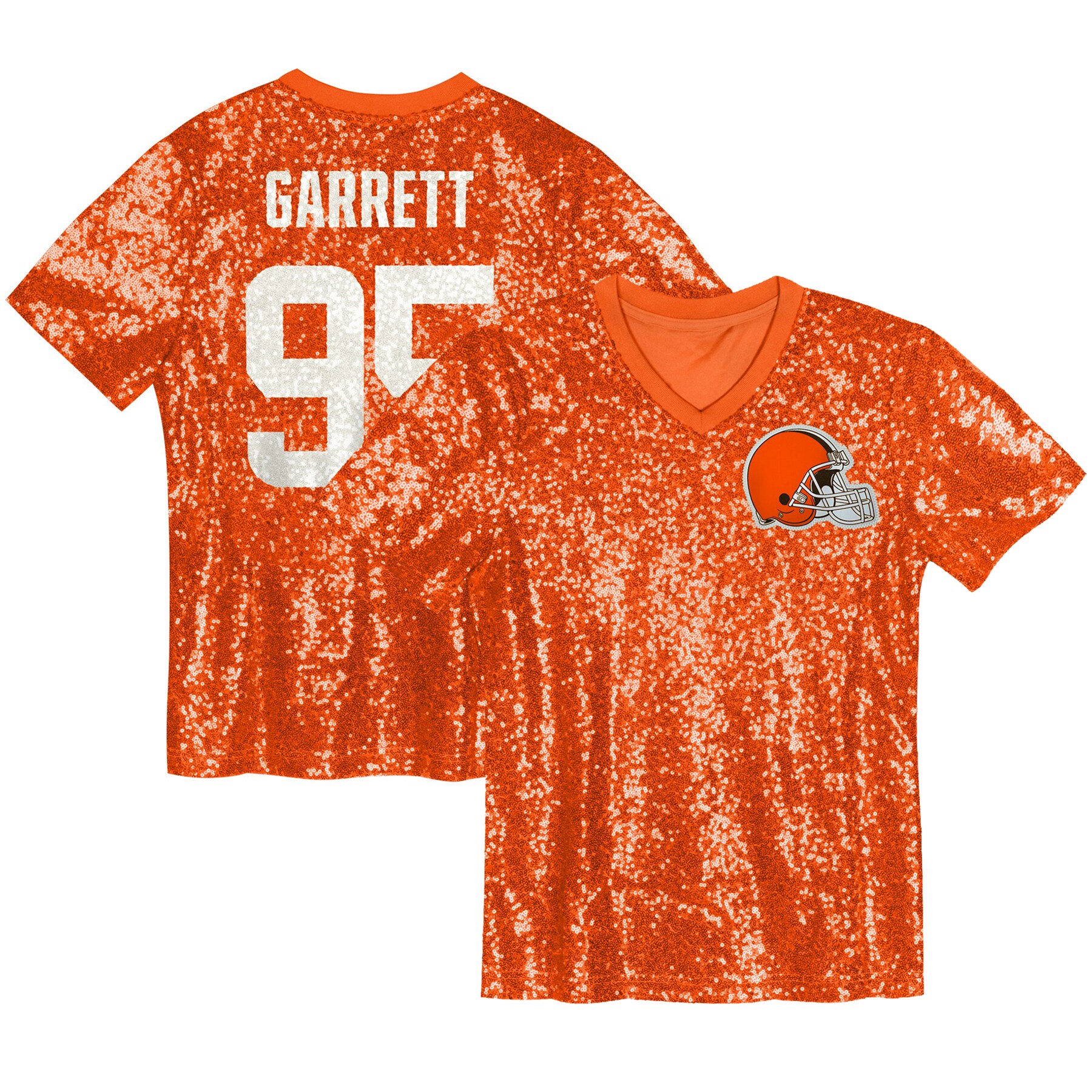 Myles Garrett Cleveland Browns Girls Youth Sequin V-Neck Fashion Jersey – Orange