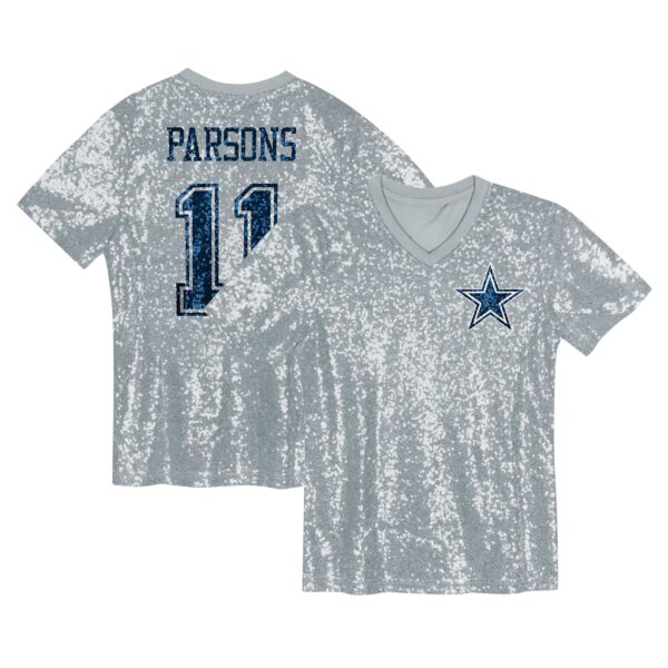 Micah Parsons Dallas Cowboys Girls Youth Sequin V-Neck Fashion Jersey – Silver