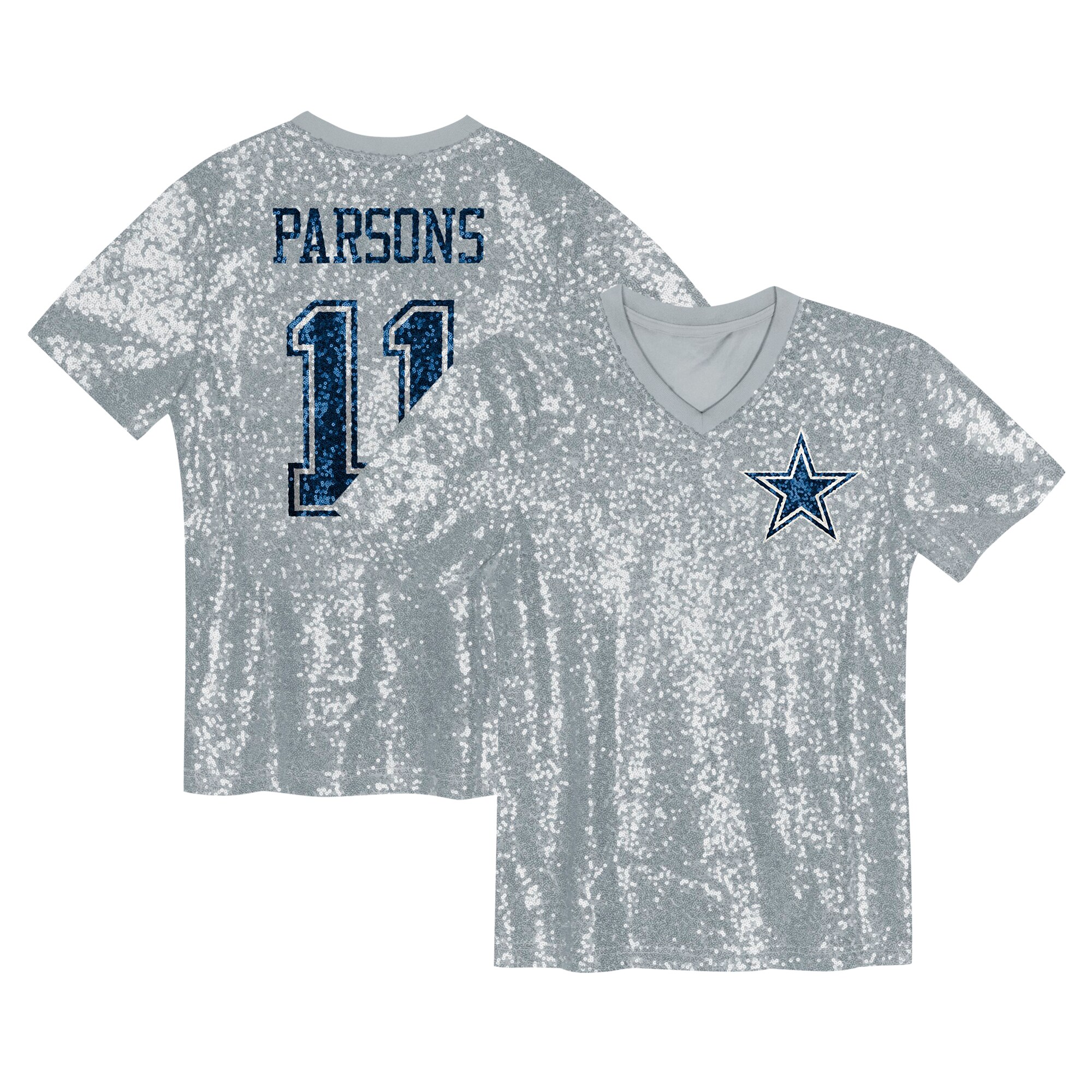 Micah Parsons Dallas Cowboys Girls Youth Sequin V-Neck Fashion Jersey – Silver