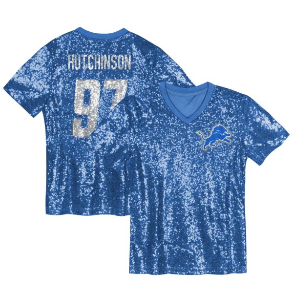 Aidan Hutchinson Detroit Lions Girls Youth Sequin V-Neck Fashion Jersey – Blue