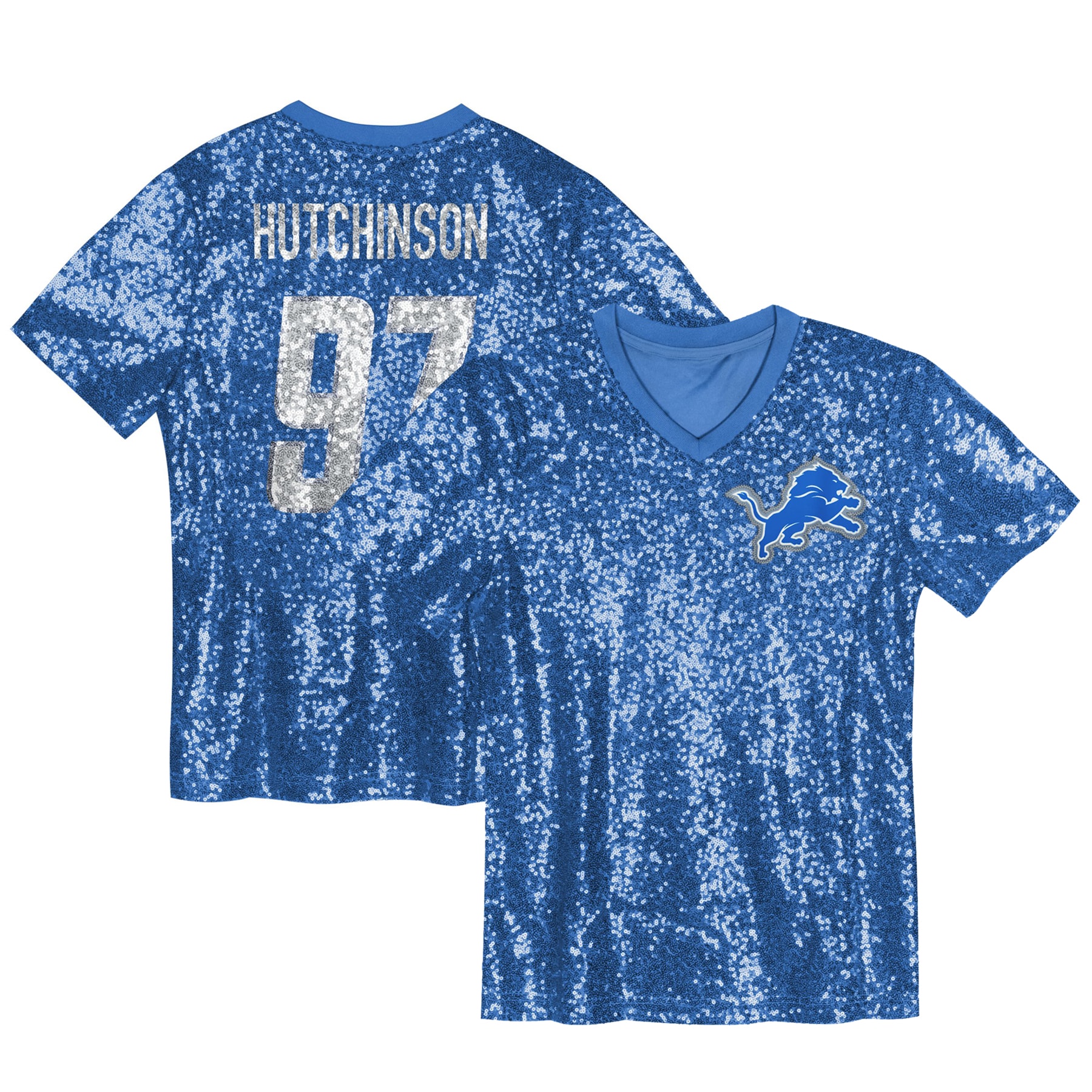 Aidan Hutchinson Detroit Lions Girls Youth Sequin V-Neck Fashion Jersey – Blue