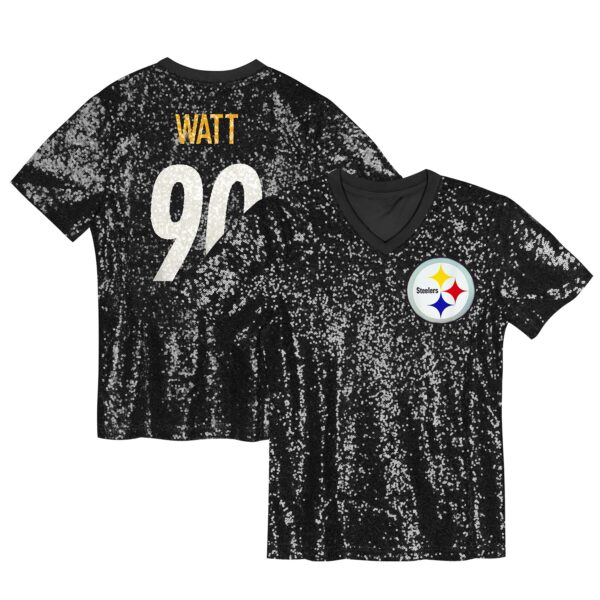T.J. Watt Pittsburgh Steelers Girls Youth Sequin V-Neck Fashion Jersey – Black