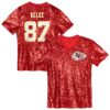 Travis Kelce Kansas City Chiefs Girls Youth Sequin V-Neck Fashion Jersey – Red