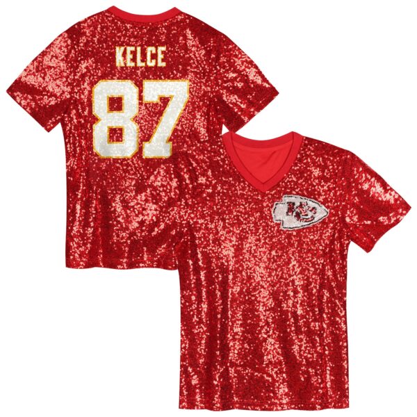 Travis Kelce Kansas City Chiefs Girls Youth Sequin V-Neck Fashion Jersey – Red