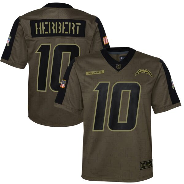 Justin Herbert Los Angeles Chargers Nike Youth 2021 Salute To Service Game Jersey – Olive