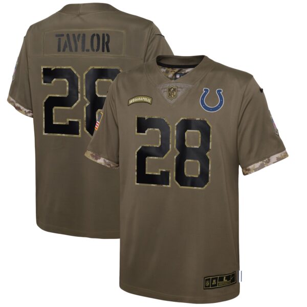 Jonathan Taylor Indianapolis Colts Nike Youth 2022 Salute To Service Player Limited Jersey – Olive