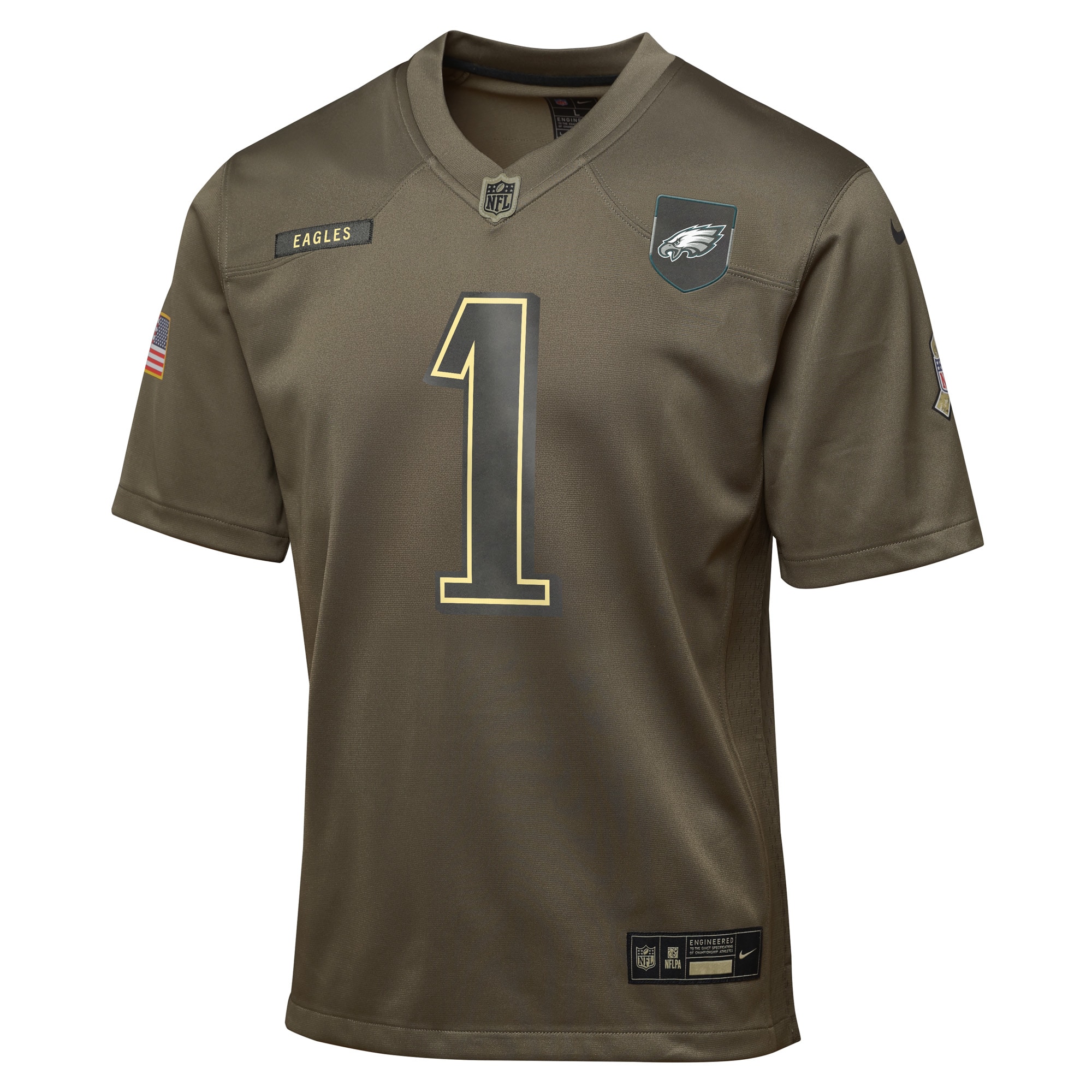 Jalen Hurts Philadelphia Eagles Nike Youth 2025 Salute to Service Game Jersey - Olive - Image 2