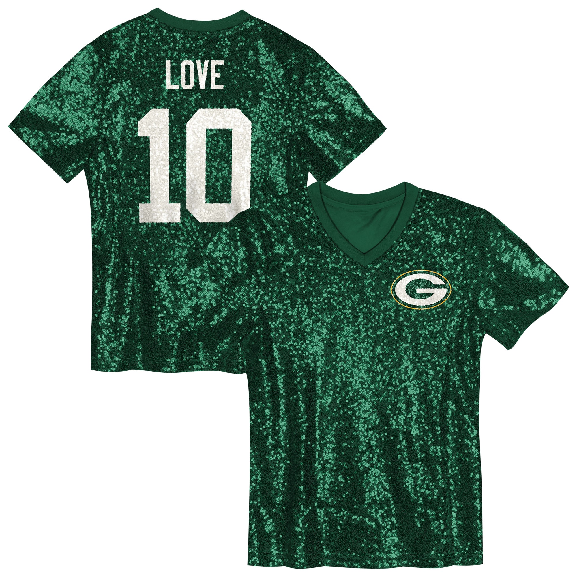 Jordan Love Green Bay Packers Girls Youth Sequin V-Neck Fashion Jersey - Green