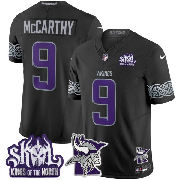 Minnesota Vikings 2024 Winter Warrior Skol Patch Vapor Limited Jersey V2 - All Stitched - Black - J.J. McCarthy Jersey