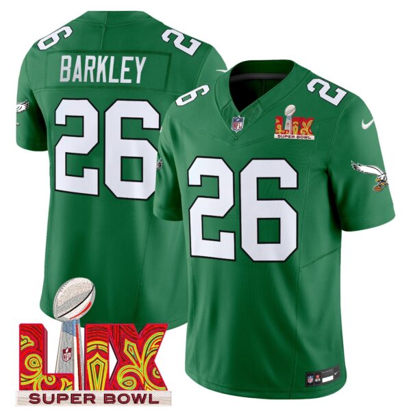Philadelphia Eagles Kelly Green Super Bowl LIX Patch Vapor Limited Jersey - All Stitched - Kelly Green - Saquon Barkley Jersey