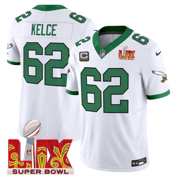 Philadelphia Eagles Kelly Green Super Bowl LIX Patch Vapor Limited Jersey - All Stitched - Kelly White - Jason Kelce Jersey
