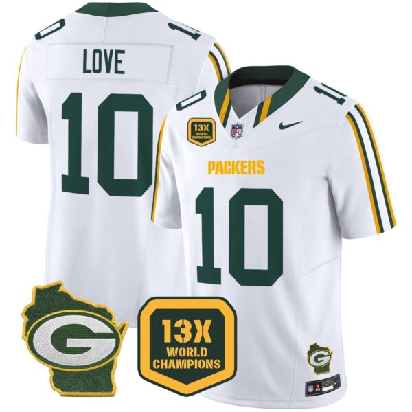 Packers 13 Time World Champions & Home Patch Vapor Limited Jersey - All Stitched - White - Jordan Love Jersey