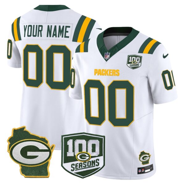 Packers 100th Season & Home Patch Vapor Limited Custom Jersey - All Stitched - White Jersey
