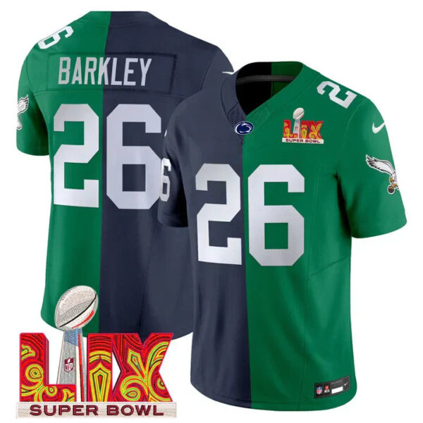 Split Philadelphia Eagles Super Bowl LIX & College Football Vapor Limited Jersey - All Stitched - Saquon Barkley (Navy) Jersey