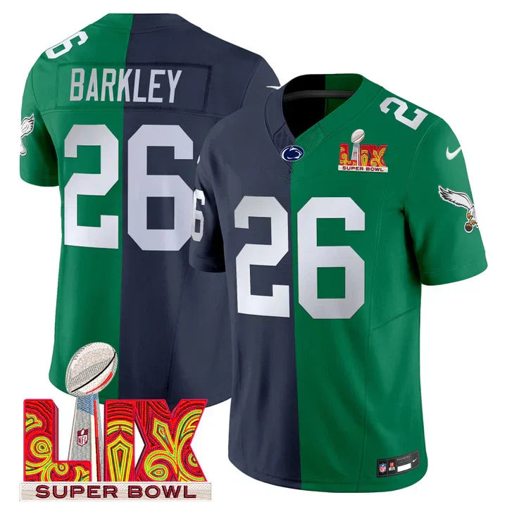 Split Philadelphia Eagles Super Bowl LIX & College Football Vapor Limited Jersey - All Stitched - Saquon Barkley (Navy) Jersey