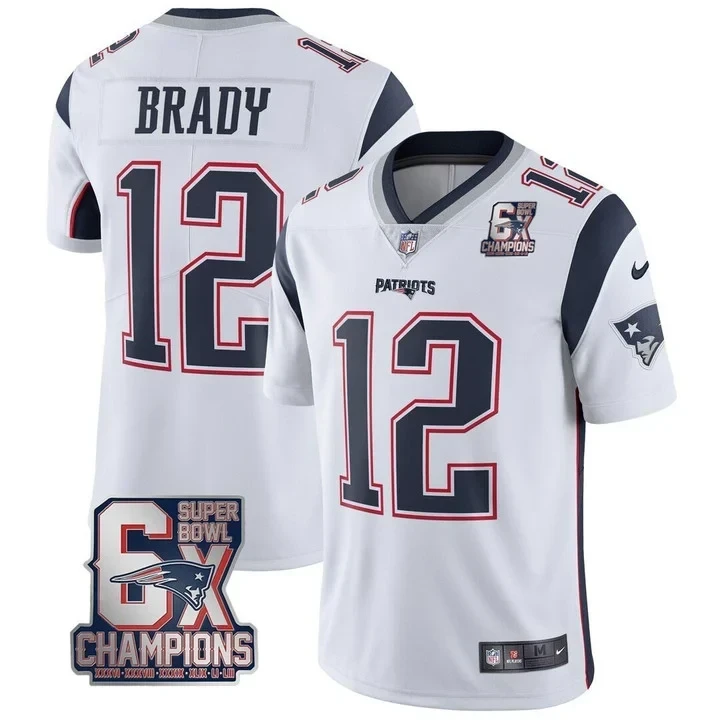 #12 Tom Brady New England Patriots Jersey - 6x SB Champions Patch Men White Jersey