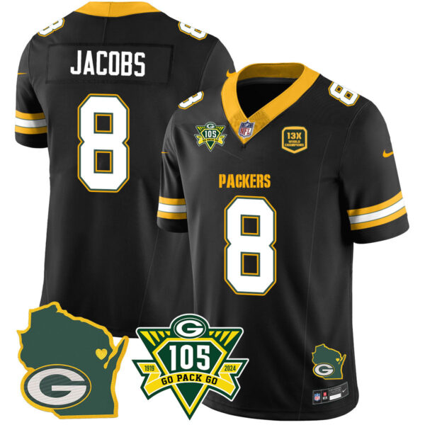 Packers 1919-2024 - The Packers Jersey - All Stitched - Josh Jacobs - 8 - Black Jersey
