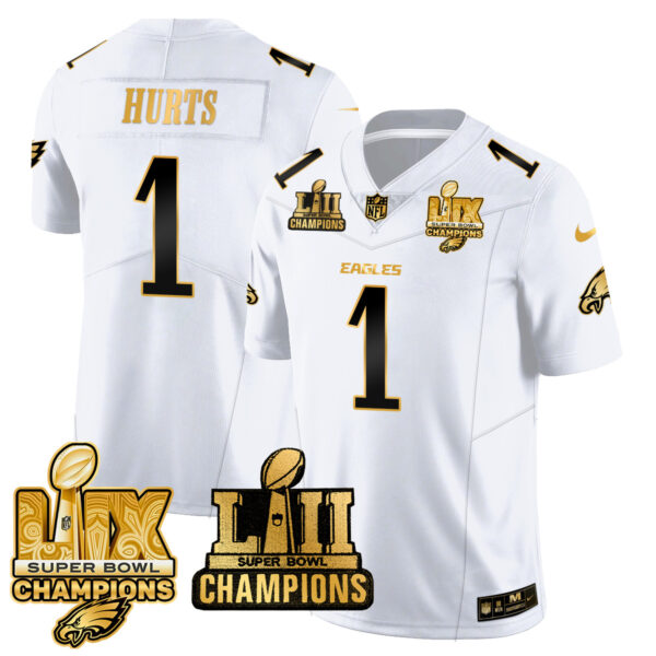 Men's Philadelphia Eagles LII-LIX Super Bowl Champions Gold Vapor Limited Jersey N2 - All Stitched Jalen Hurts - 1 White Gold Jersey