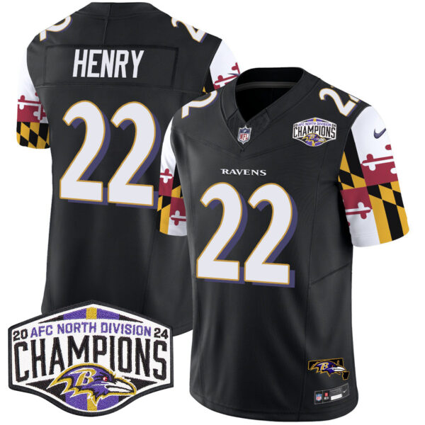 Men's Ravens Maryland Flag 2024 AFC North Division Champions Patch Vapor Limited Jersey - All Stitched Black Derrick Henry Jersey