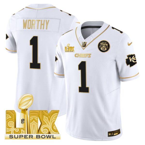 Chiefs Super Bowl LIX Patch Gold Vapor Limited Jersey - All Stitched - White Gold - Xavier Worthy Jersey
