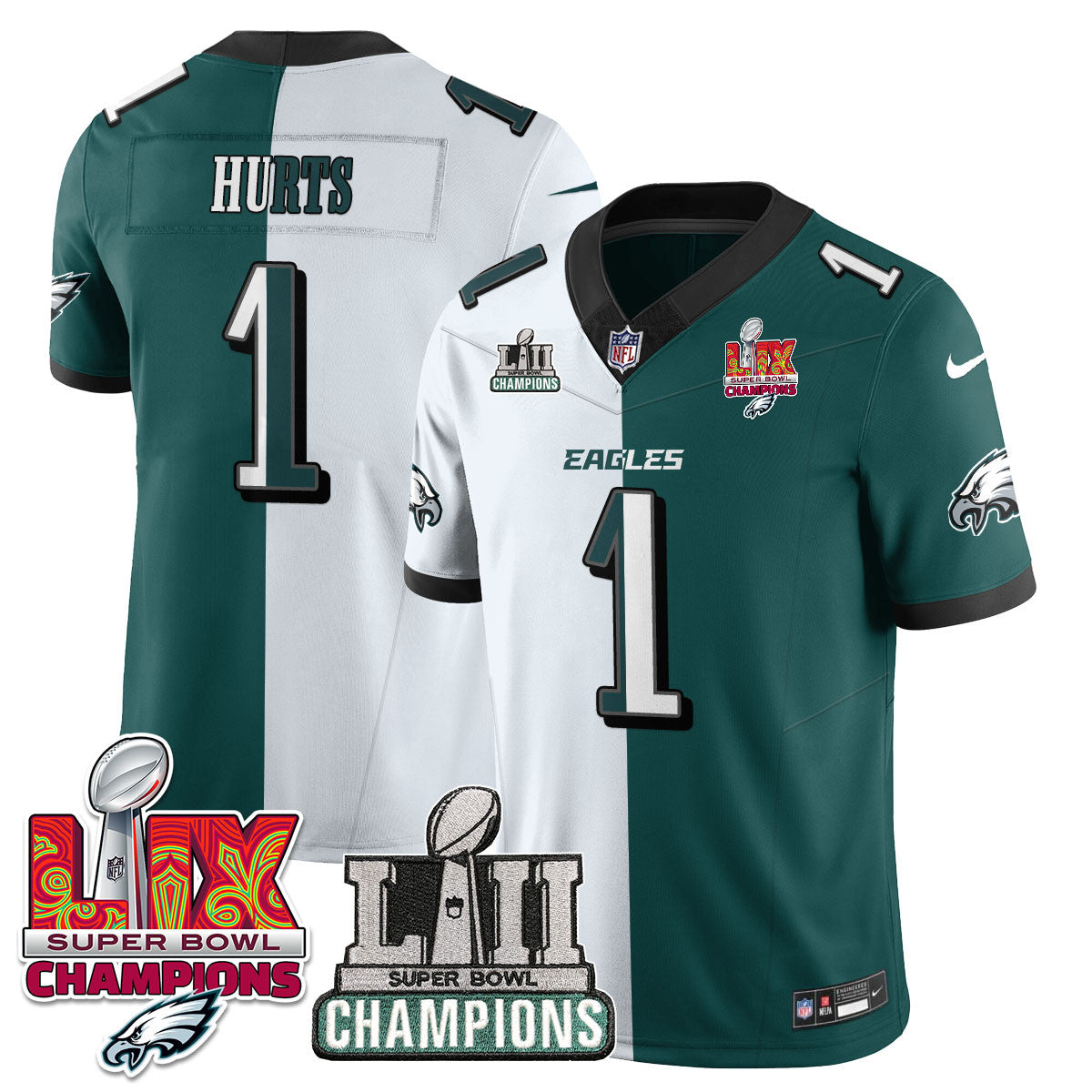 Philadelphia Eagles LII-LIX Super Bowl Champions Vapor Limited Jersey - All Stitched - Split - Jalen Hurts Jersey