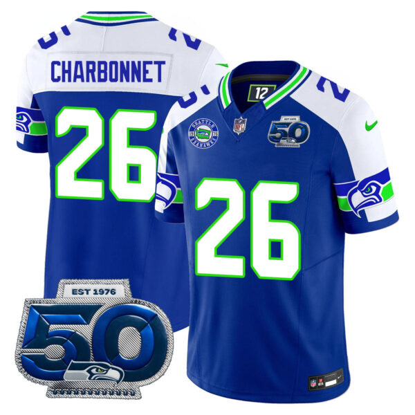 Seattle Seahawks 50th Season Vapor Limited Jersey - All Stitcheds - Royal Alternate - Zach Charbonnet Jersey