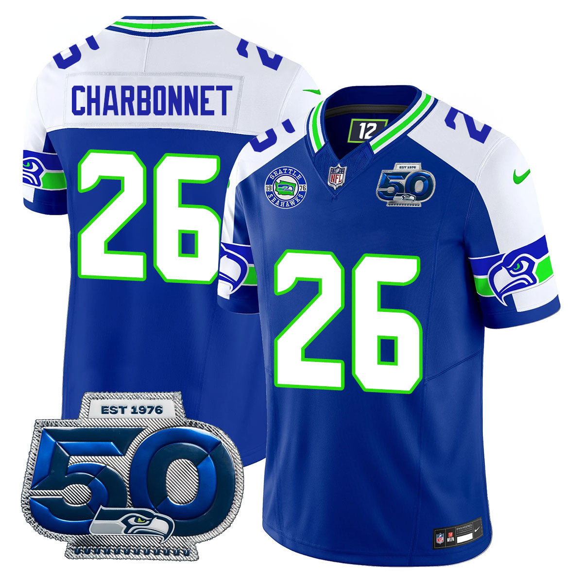 Seattle Seahawks 50th Season Vapor Limited Jersey - All Stitcheds - Royal Alternate - Zach Charbonnet Jersey