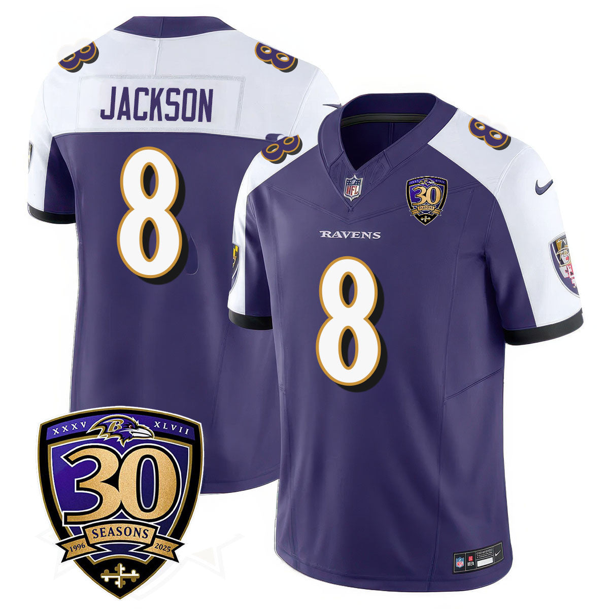 Baltimore Ravens Limited 30th Season Jersey - All Stitched - Lamar Jackson - 8 - Purple Alternate Jersey