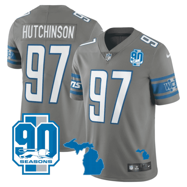 Detroit Lions Michigan State & 90th Year Patch Jersey - All Stitched - Gray - Hutchinson Jersey