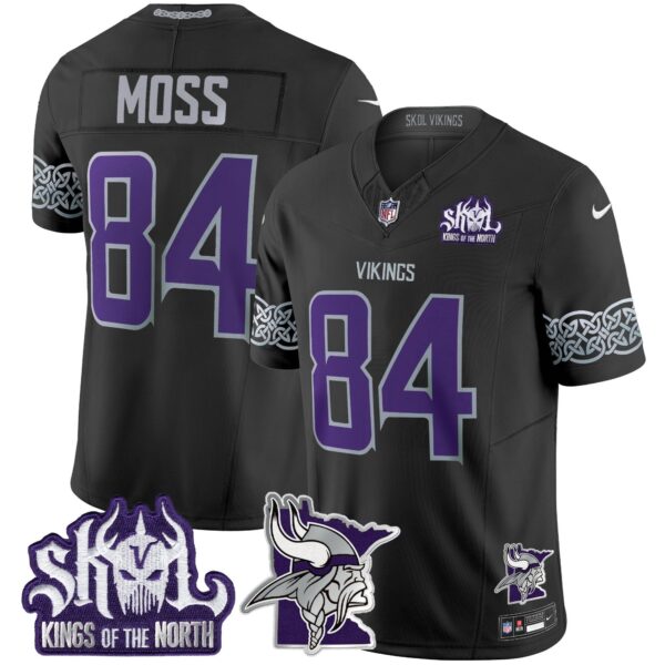 Minnesota Vikings 2024 Winter Warrior Skol Patch Vapor Limited Jersey V2 - All Stitched - Black - Randy Moss Jersey
