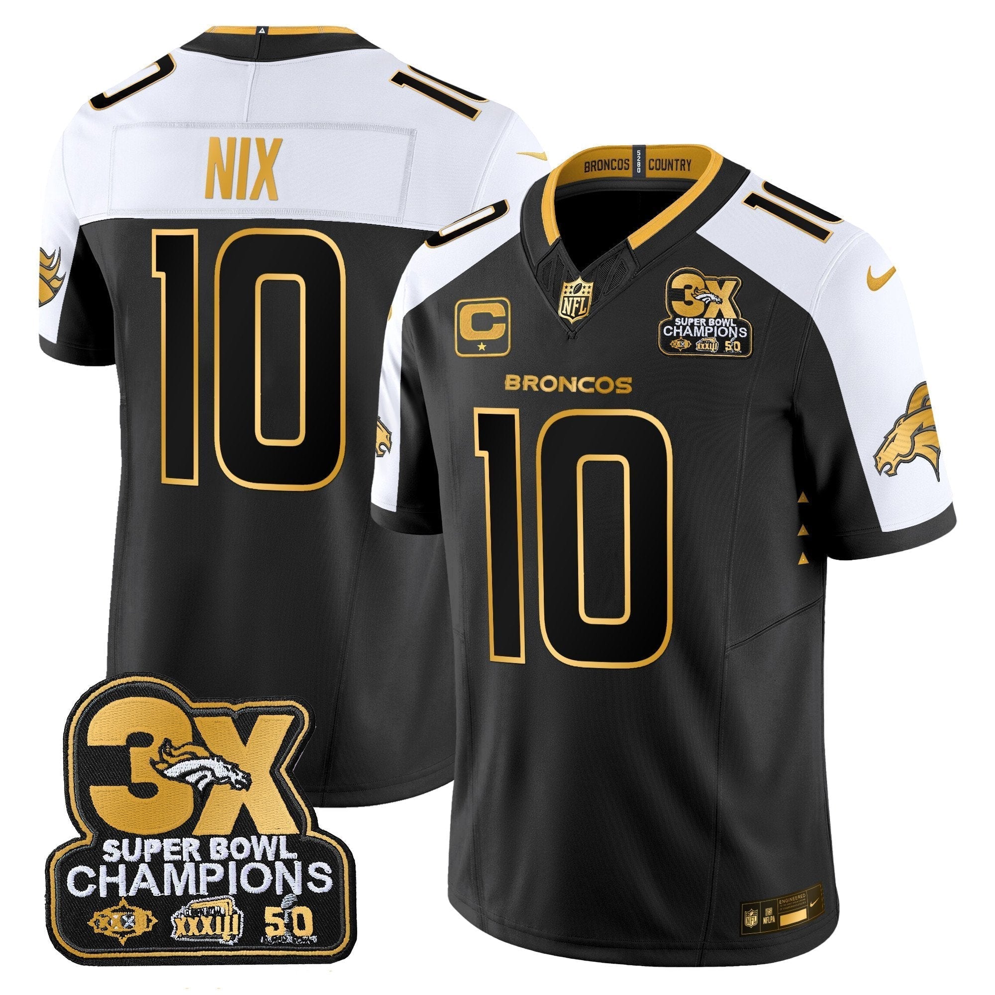Denver Broncos 3-Time Champions Patch Gold Vapor Limited Jersey - All Stitched - Alternate - Bo Nix Jersey