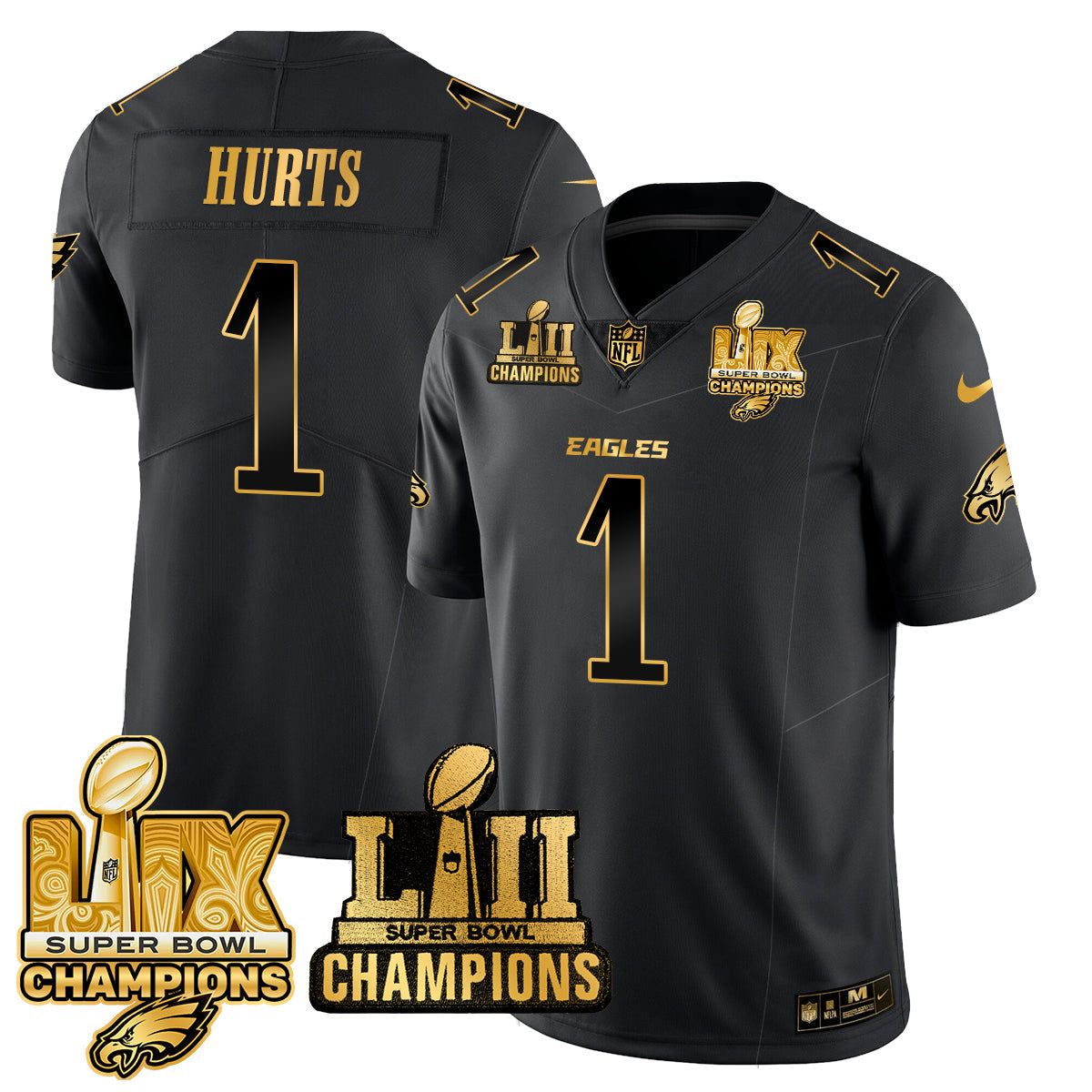 Philadelphia Eagles LII-LIX Super Bowl Champions Gold Jersey - All Stitched - Black Gold - Jalen Hurts Jersey